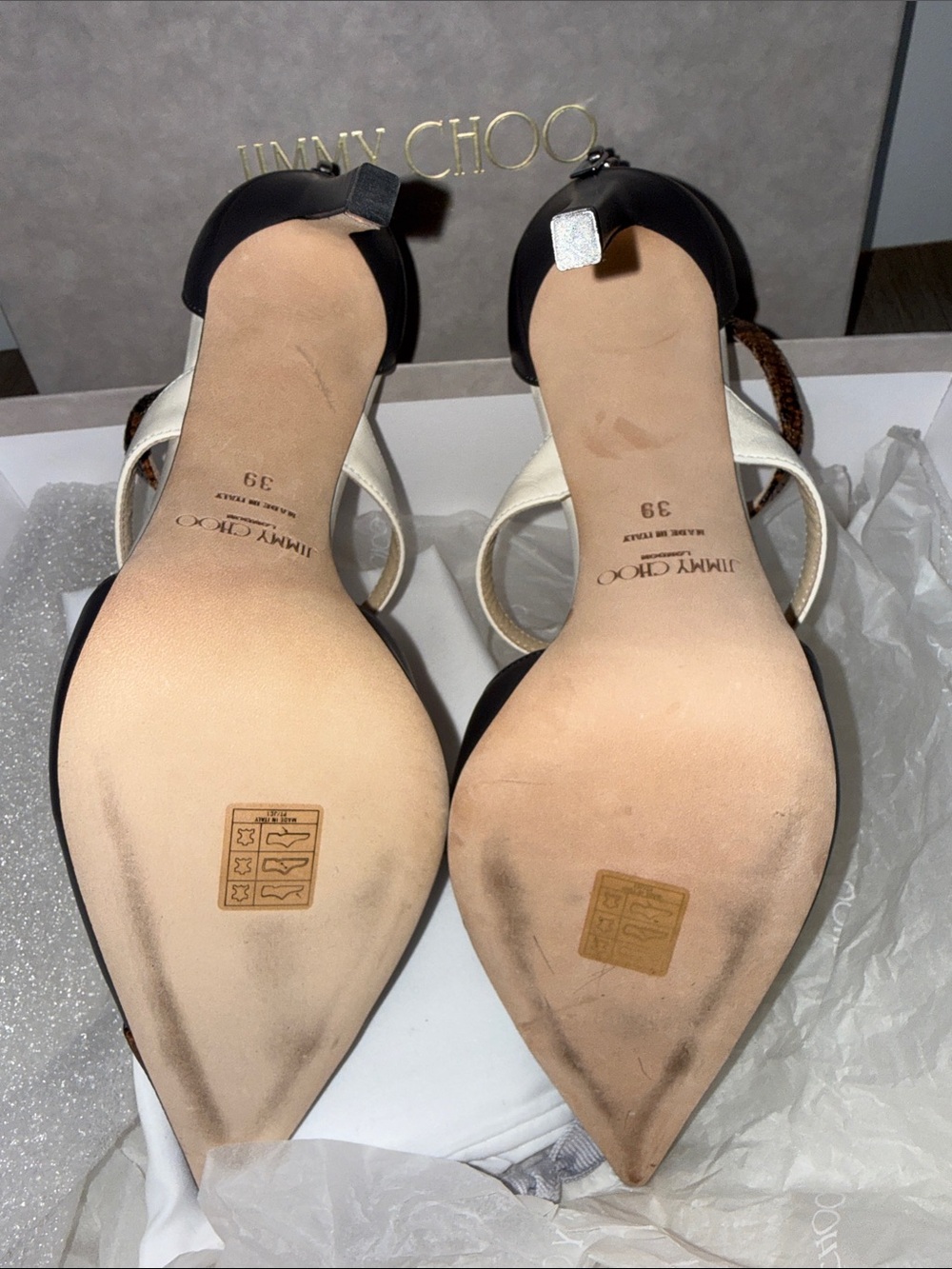 Jimmy Choo Saoni Snake Leather, Calf Leather, Nappa Pointed T-Strap Heels - Picture 4 of 9